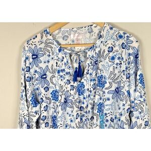 Stella Parker Womens XL Blue Lapis Floral Blouse Keyhole Tassel Long Sleeve NEW‎